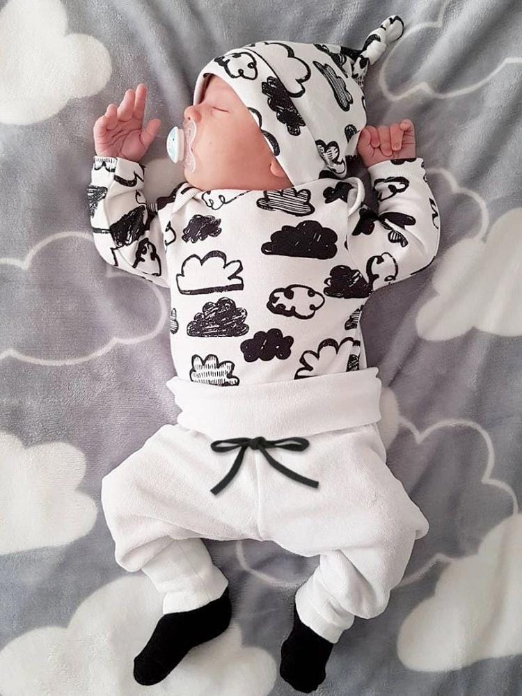 Black and White 3-piece Cloud Printed Baby Outfit - Sweatshirt