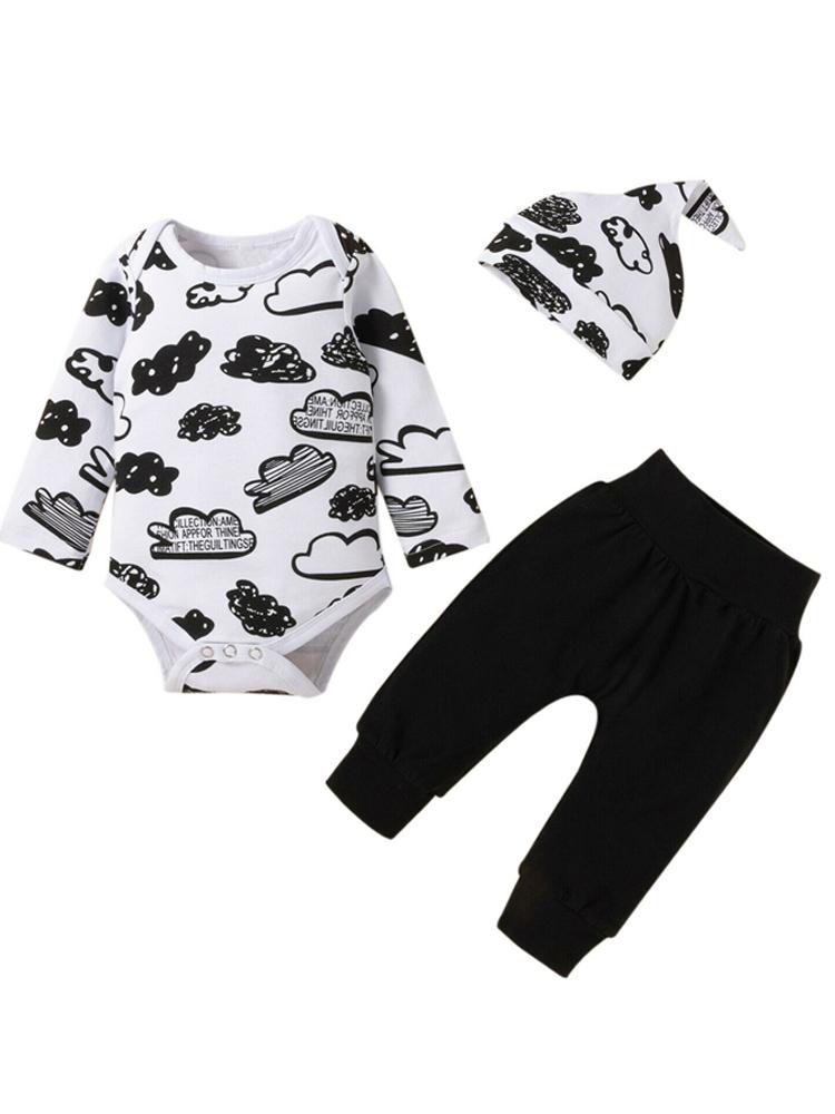 and 3-piece Cloud Printed Baby Outfit - Patterned Bodysuit Pants Hat 