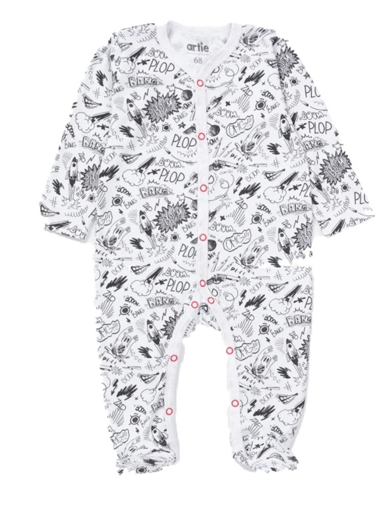 Black and White Patterned Baby Sleepsuit Pop Comic Style Baby Grow