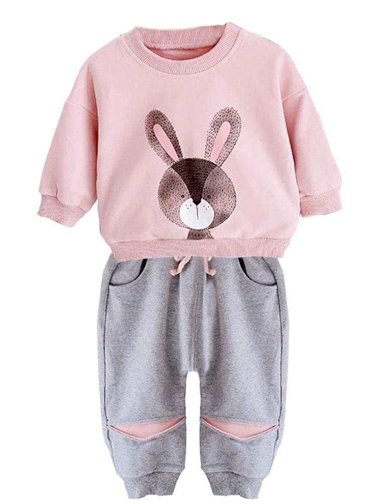 Cute Bunny Pink and Grey Sweatshirt and Pants 2 Piece Outfit | Style My Kid
