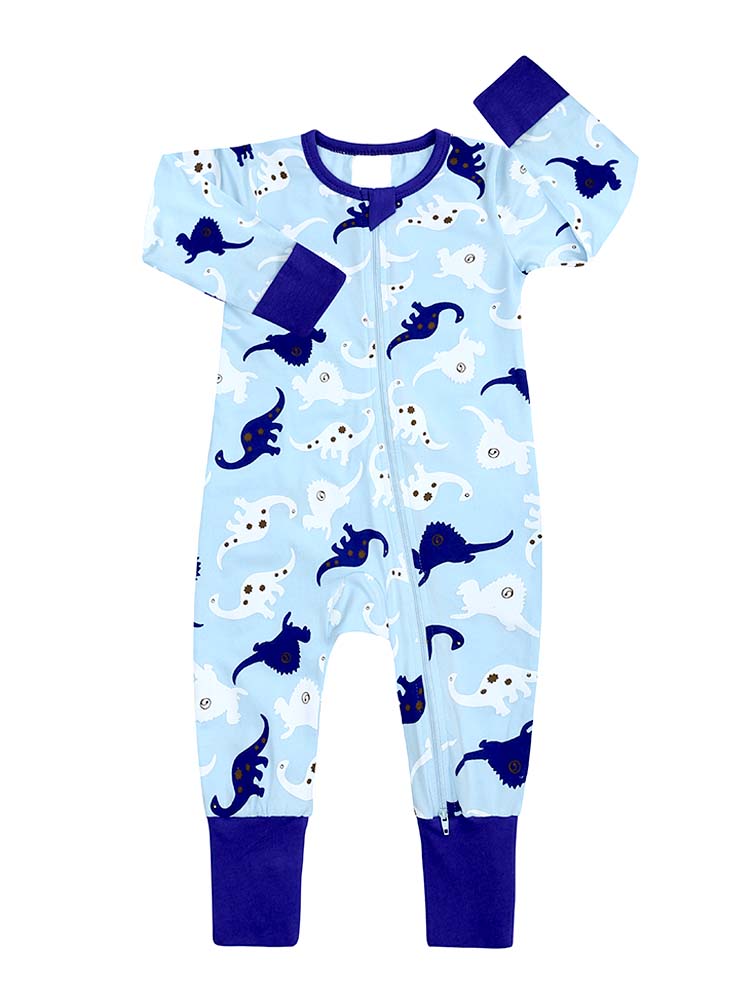 Dancing Dinosaurs Blue Baby Zip Sleepsuit with Hand & Feet Cuffs | Style My Kid