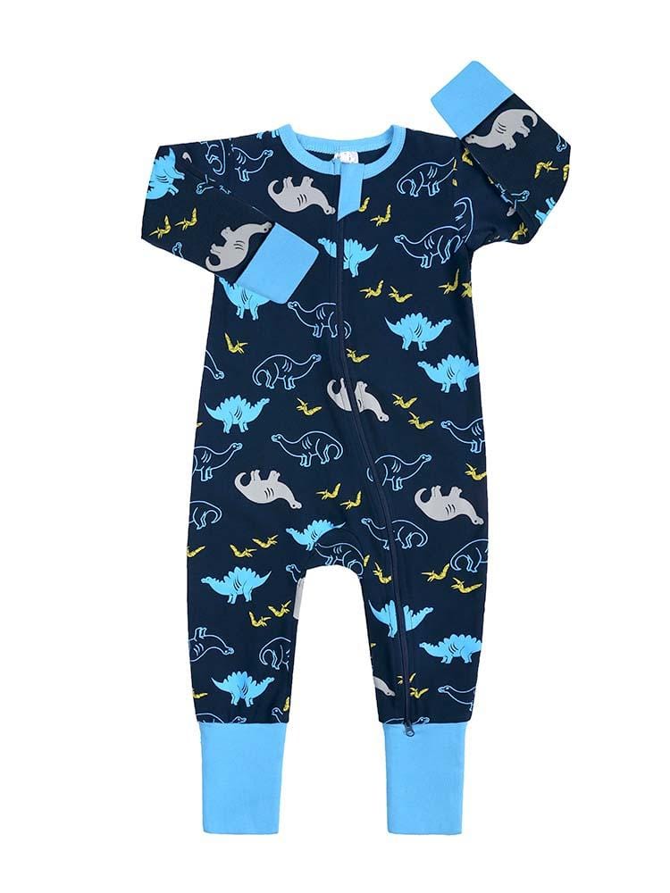 Dark Night Dinosaurs Blue Baby Zip Sleepsuit with Hand & Feet Cuffs | Style My Kid