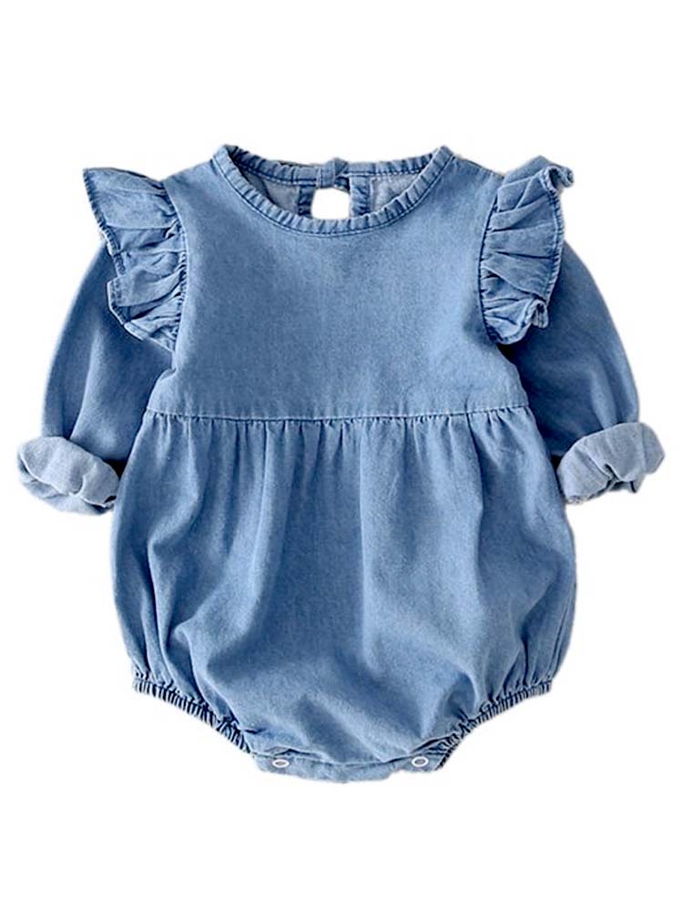 Soft Denim Blue Frill Long Sleeve Baby Romper | Style My Kid