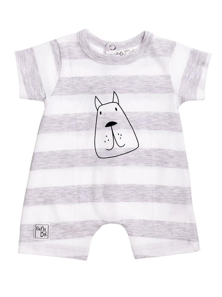 Grey and White striped Baby Romper with Doggy Design| Style My Kid