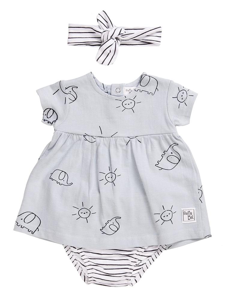 Sunshine Elephants Dress Knickers Headband Baby 3 Piece Outfit 