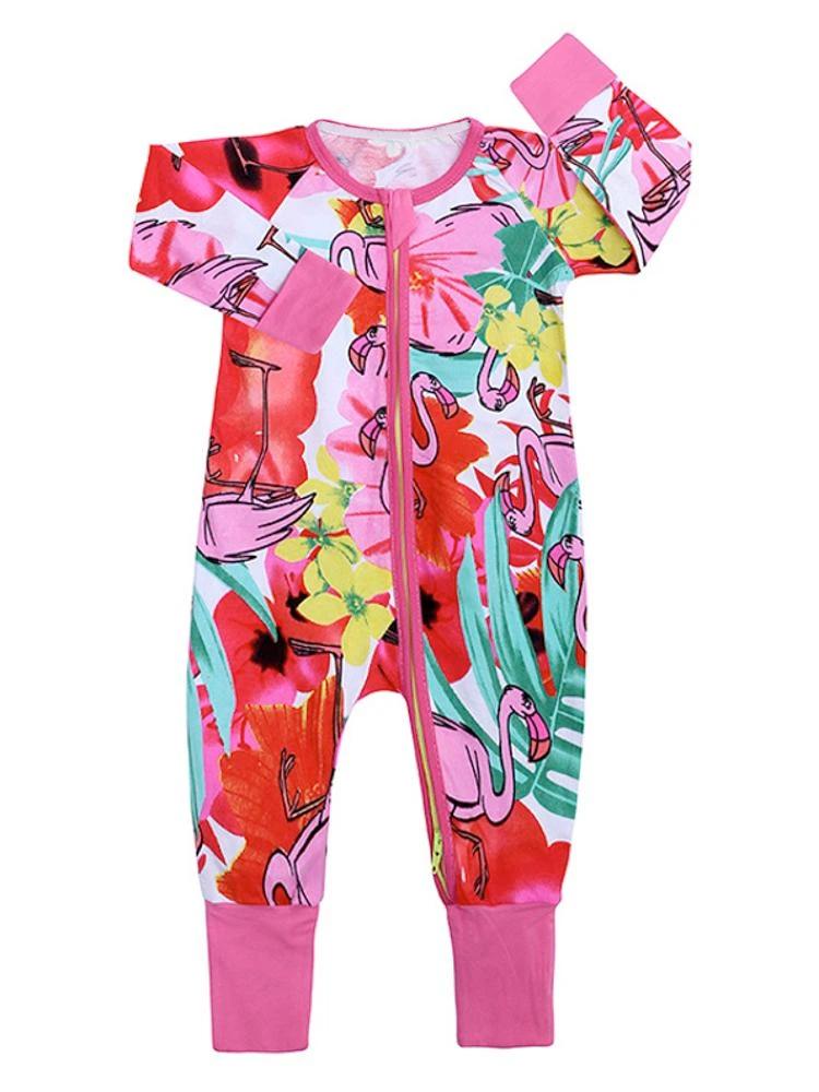 Multicoloured Baby Zip Sleepsuit Playsuit with Feet Cuffs Flowery Flamingos 