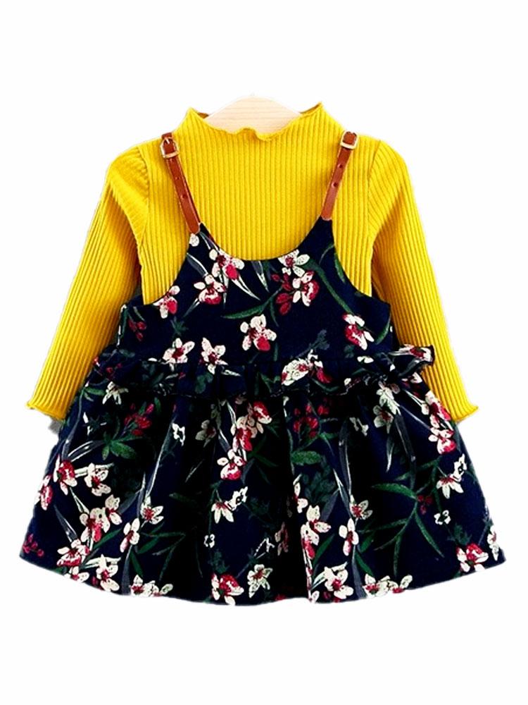 Floral Pinafore Girls Party Dress and Top - Navy and Yellow