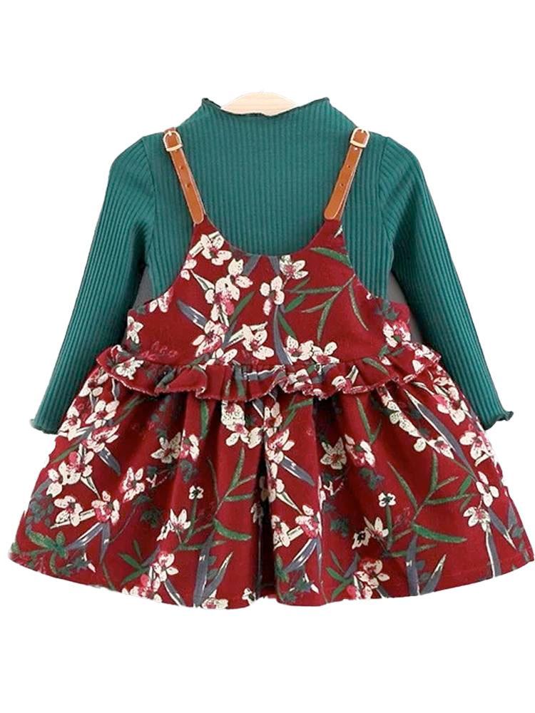 Girls Pinafore Dress & Long Sleeve top - Red and Green | Style My Kid