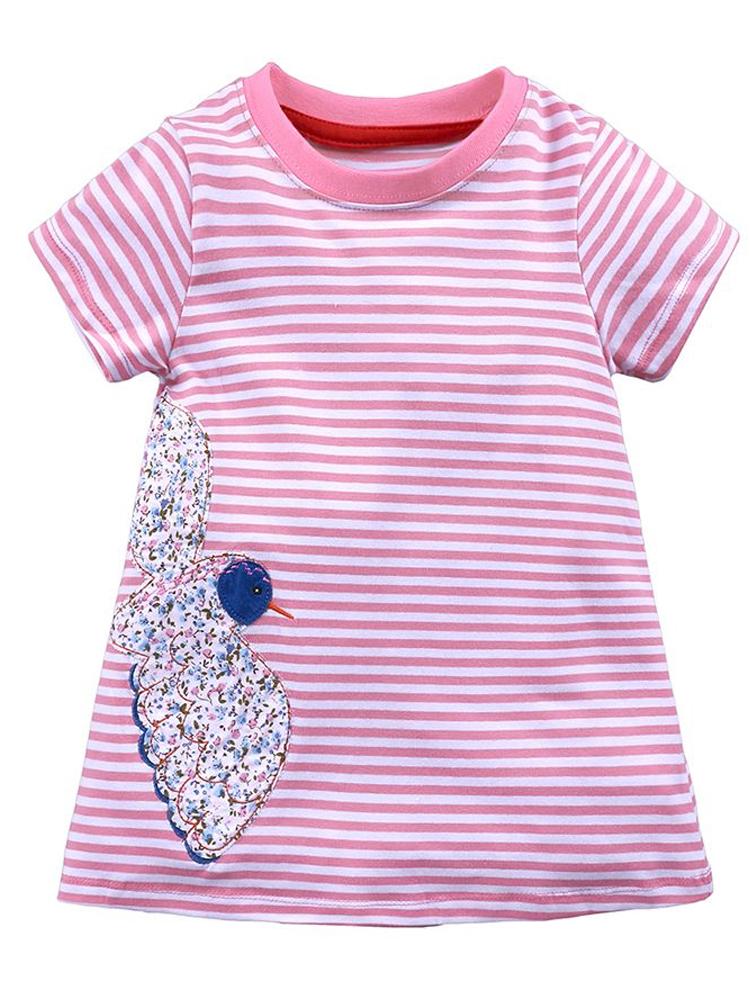 Floral Bird - Girls Short Sleeve Striped Pink & White Dress | Style My Kid