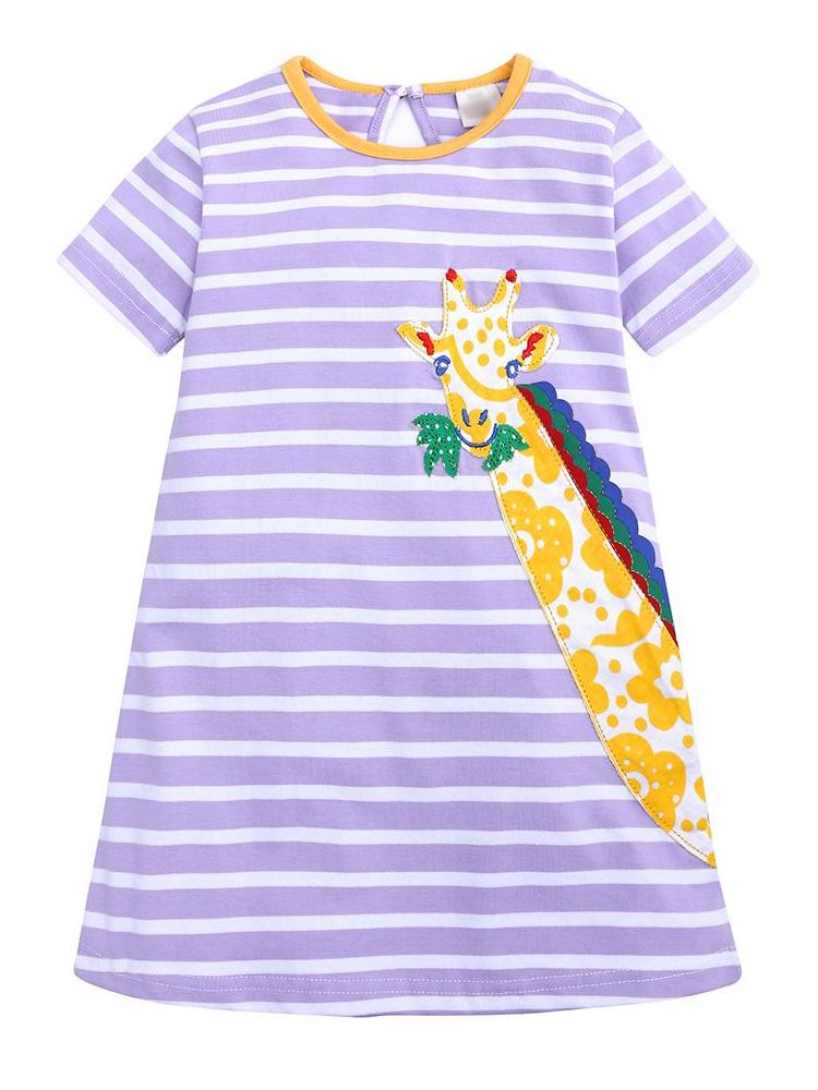 Peeking Giraffe Purple Striped Short Sleeve Girls Dress | Style My Kid