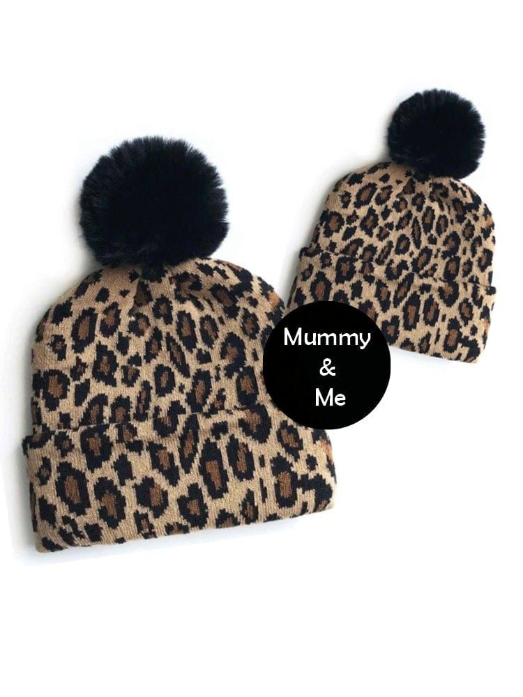 Mum & Me Matching Faux Pom Pom Hat - TAN Leopard | Style My Kid