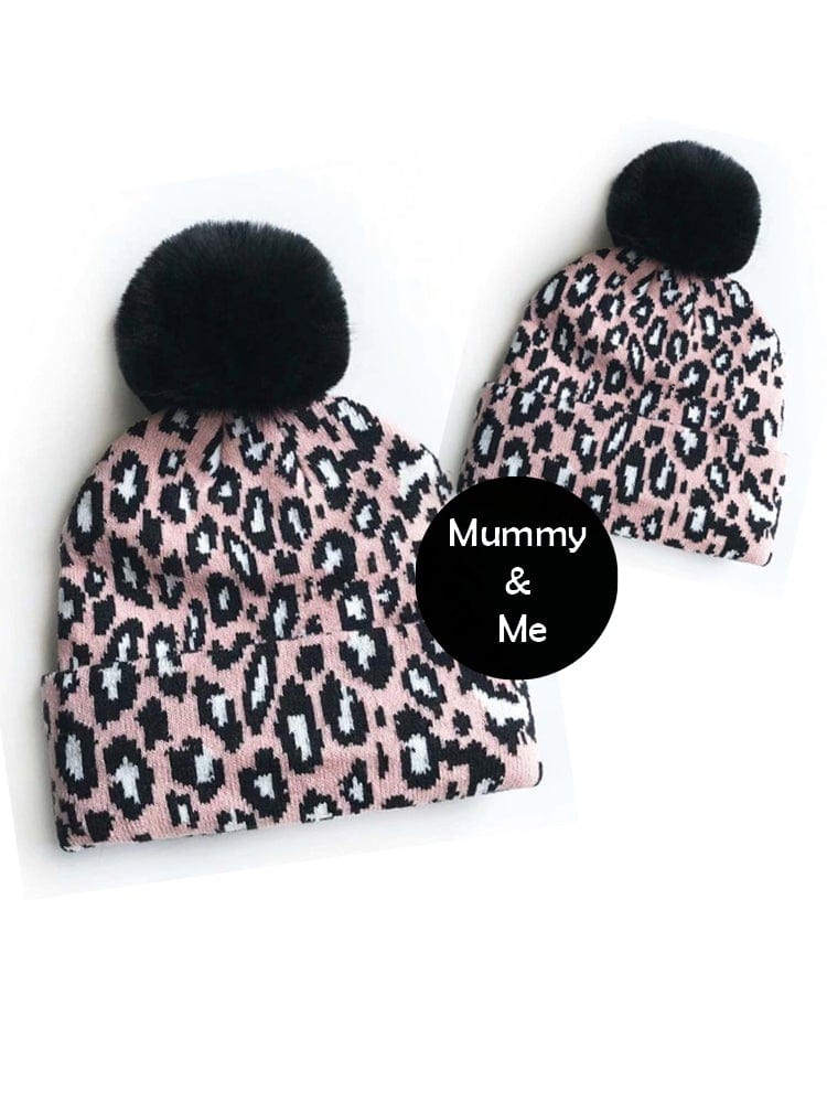 Mum & Me Matching Faux Pom Pom Hat - PINK Leopard | Style My Kid