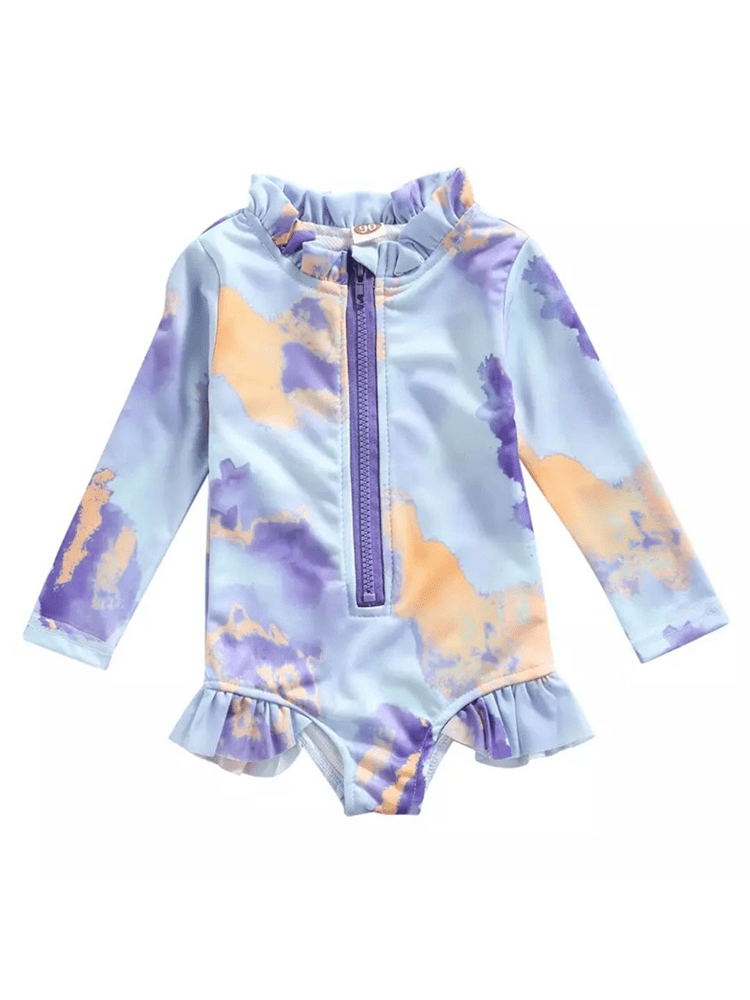 Girls Long Sleeve Swimsuit - Tie Dye Ruffle - Huckleberry Sorbet