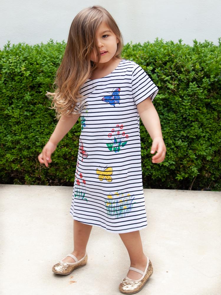 Colourful Butterflies White Striped Short Sleeved Dress | Style My Kid