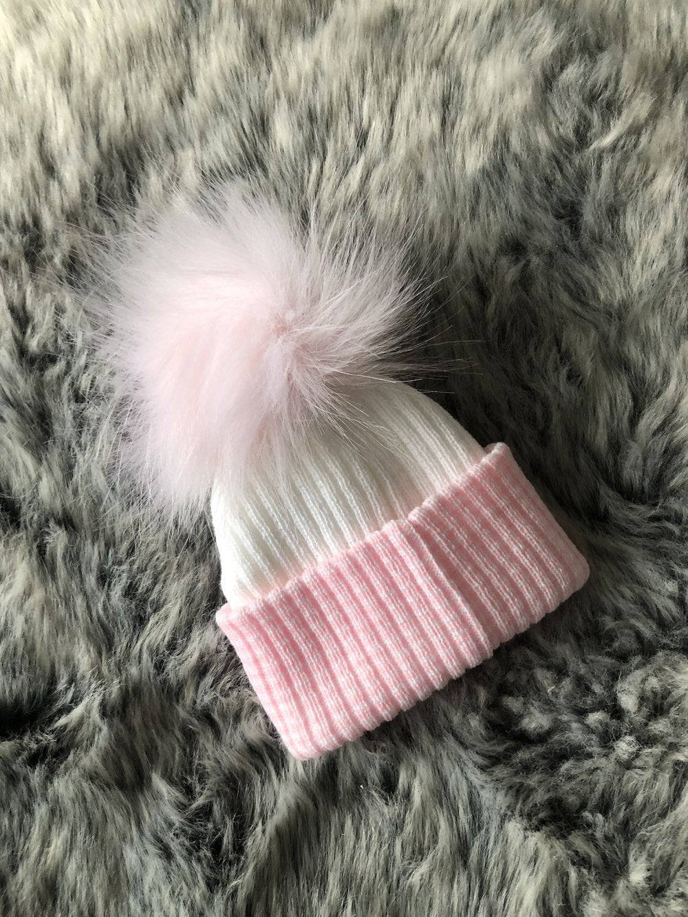 Newborn Pink & White Faux Fur Pom Pom Baby Hat - 0-3 Months