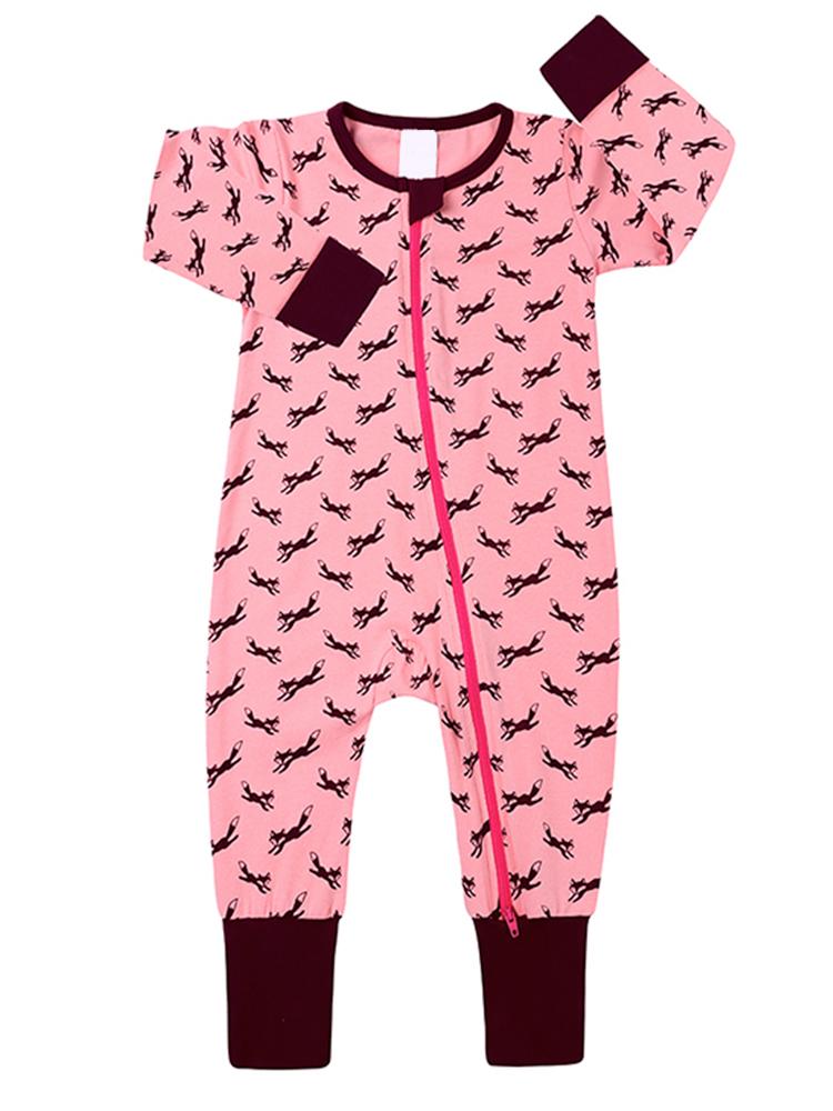 Jumping Foxes Pink Baby Zip Sleepsuit | Style My Kid