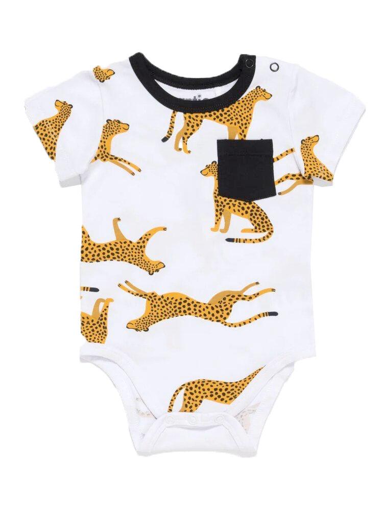 Artie-Leopard Pocket White Baby Boy Short Sleeve Bodysuit | Style My Kid