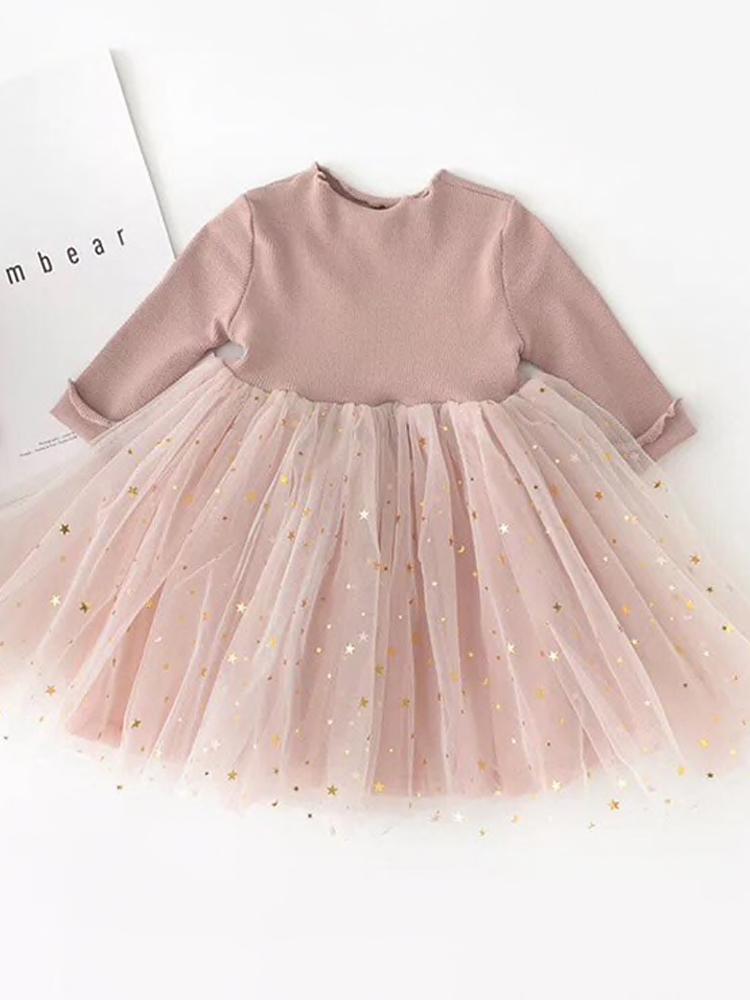 Starlight Little Girls Mink Pink Party Dress with Tulle & Gold Effects Skirt | Style My Kid