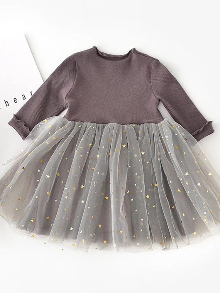 Starlight Little Girls Mocha Grey Party Dress with Tulle & Gold Effects Skirt | Style My Kid