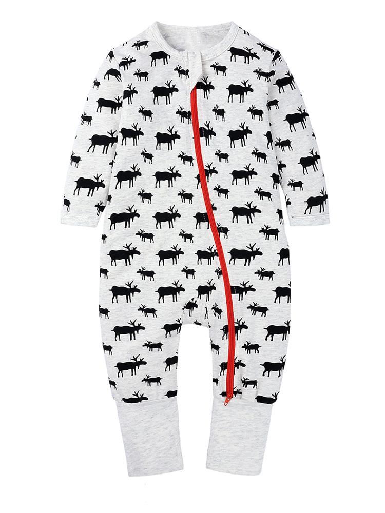 Mr Moose Baby Zip Sleepsuit - White Moose Patterned Sleepsuit | Style My Kid
