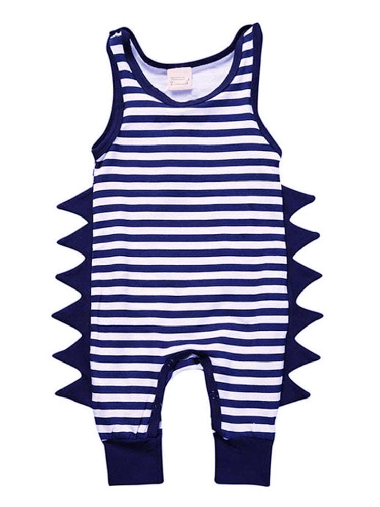 and Striped Sleeveless Baby Romper with Dino Spikes 