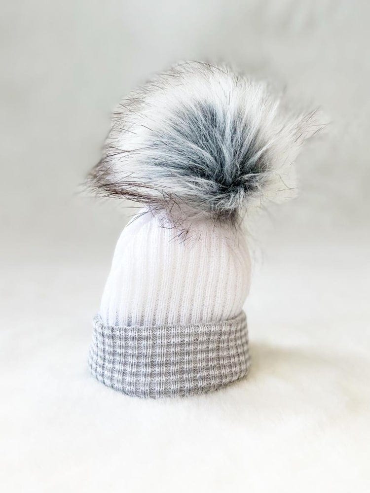 Newborn Grey & White Faux Fur Pom Pom Baby Hat - 0-3 Months
