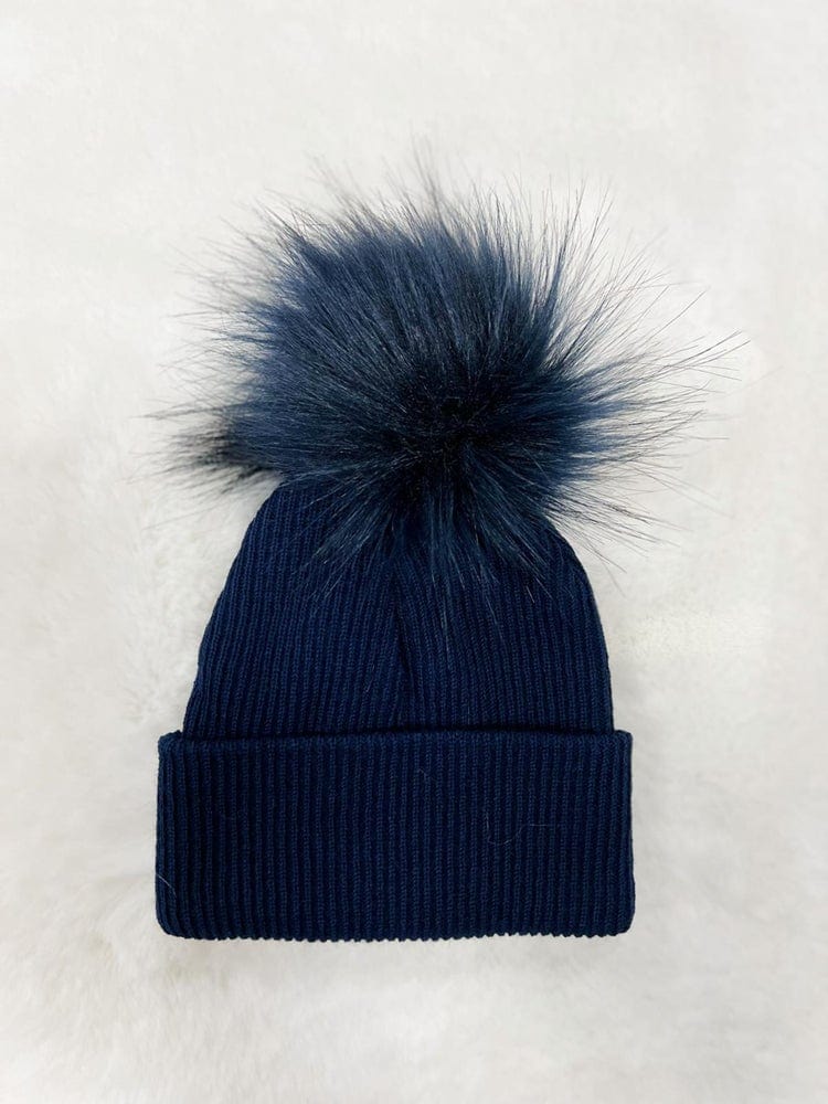 Ribbed Faux Fur Pom Pom Hat - Navy Blue - 3-24 Months