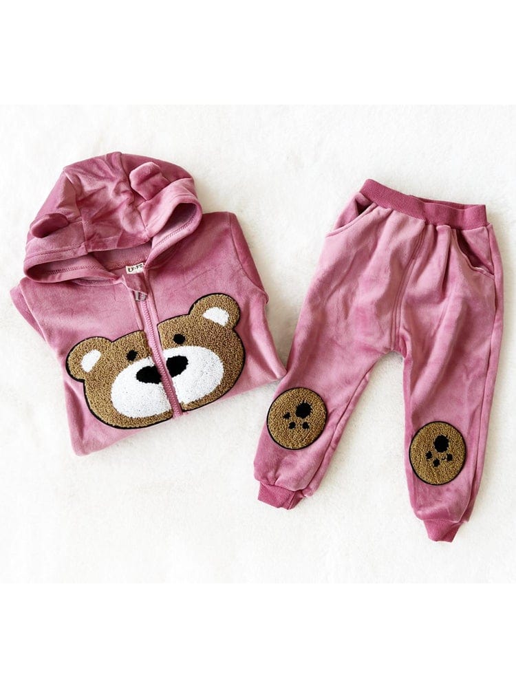 2-piece Bear Face Hooded Zip Top Bottoms Set - Rose 