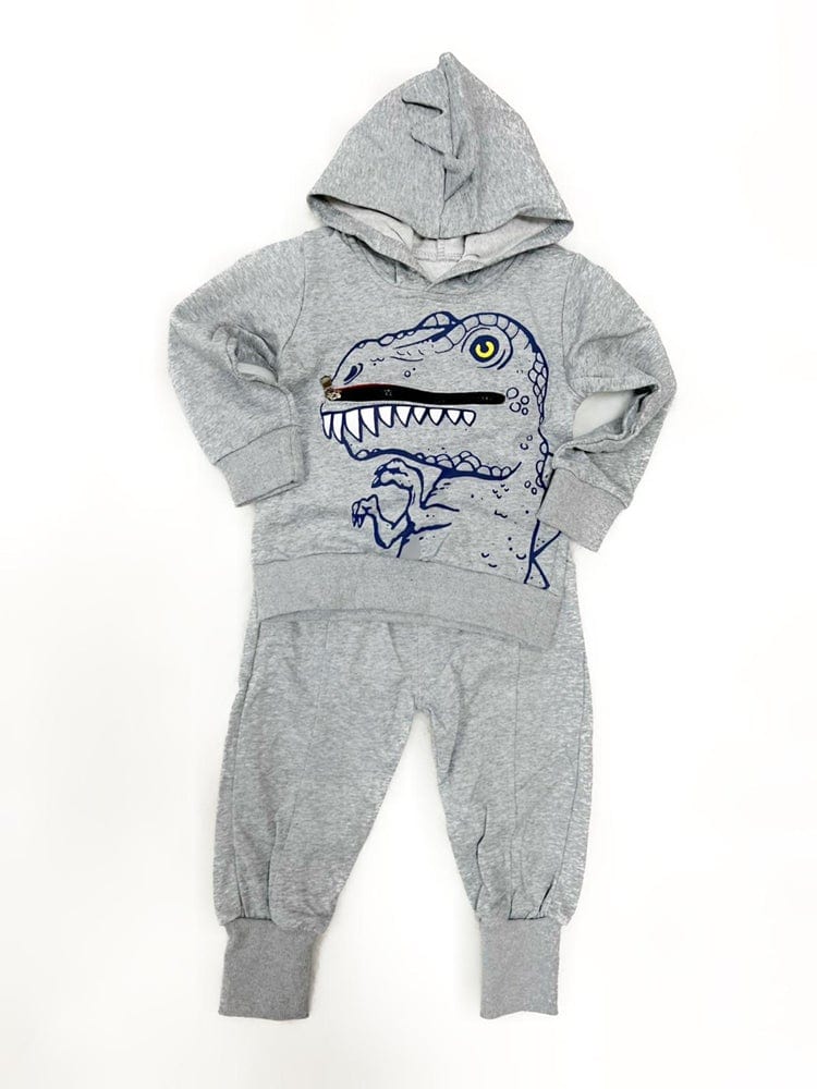T rex Zip Mouth and Spikes Dinosaur Hoodie & Jogger Kids Tracksuit - Grey | Style My Kid