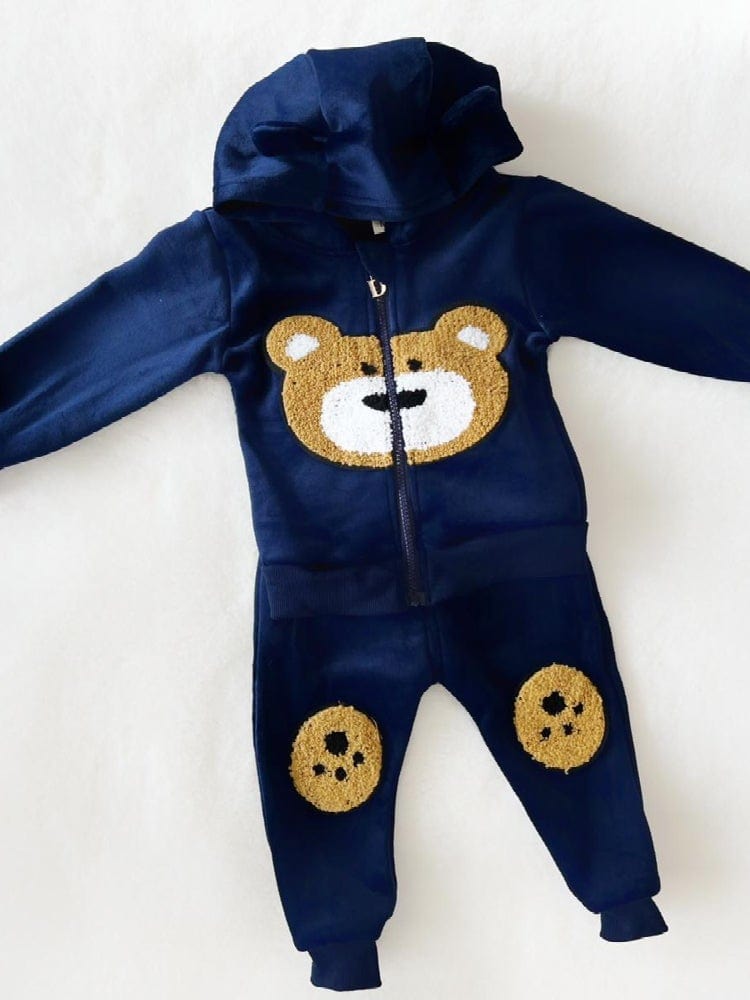 2-piece Bear Face Velour Hooded Top & Bottoms Kids Outfit - Navy Blue | Style My Kid