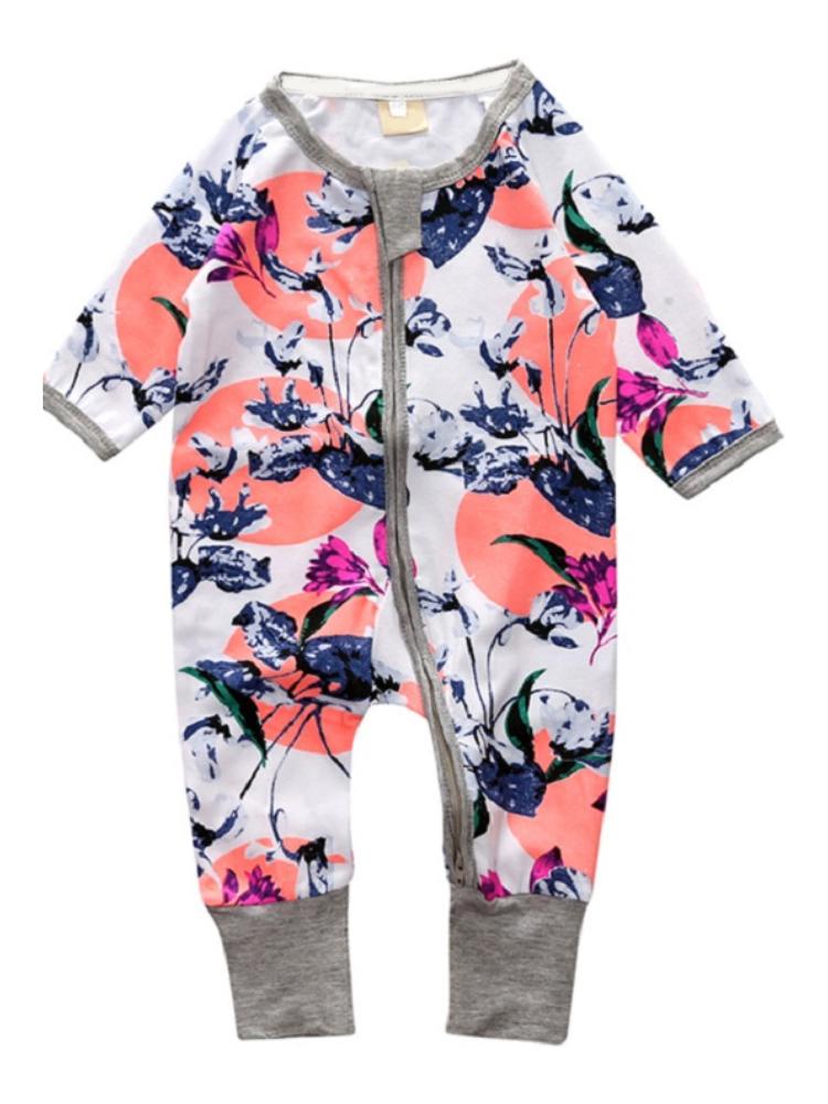 Oriental Flowers - White and Grey Zippy Baby Sleepsuit | Style My Kid
