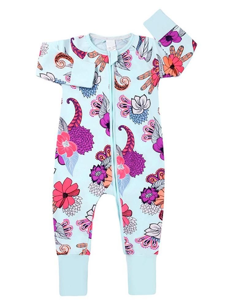 Pale Blue Zippy Baby Sleepsuit with Feet Cuffs - Exotic Flowers | Style My Kid