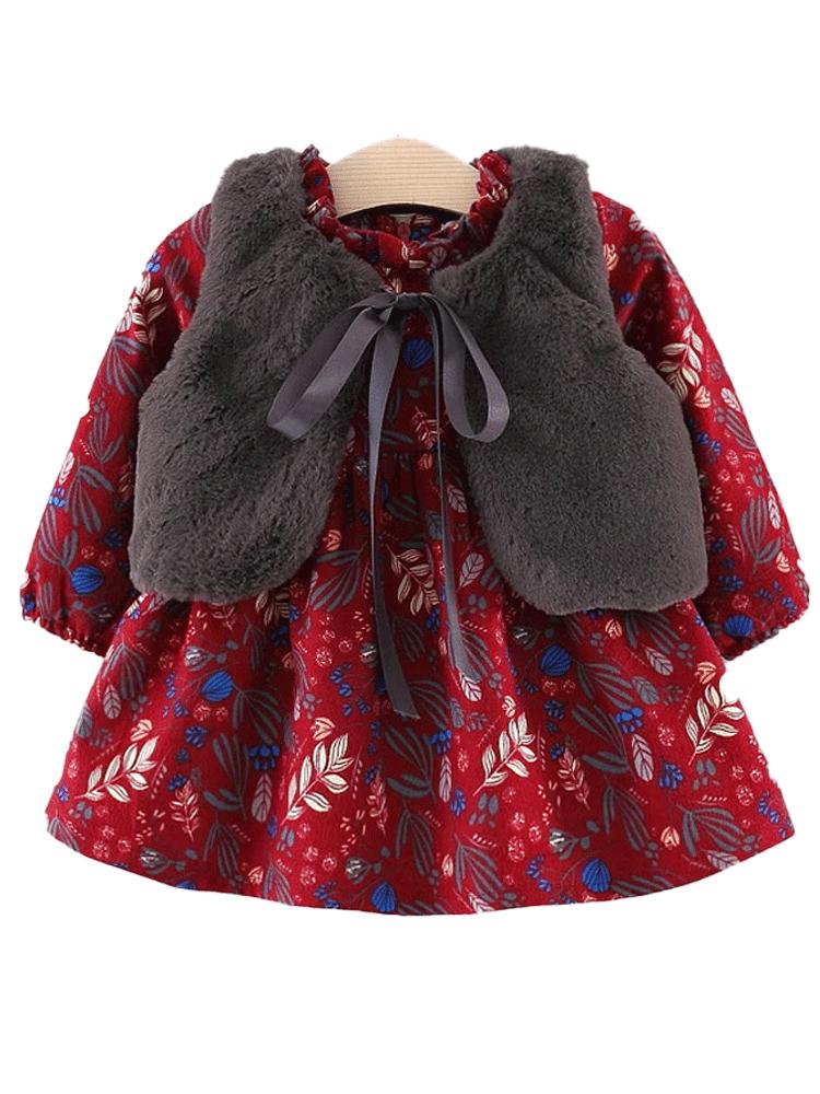 Winter Petal Dark Red Dress with Grey Faux Fur Gilet | Style My Kid