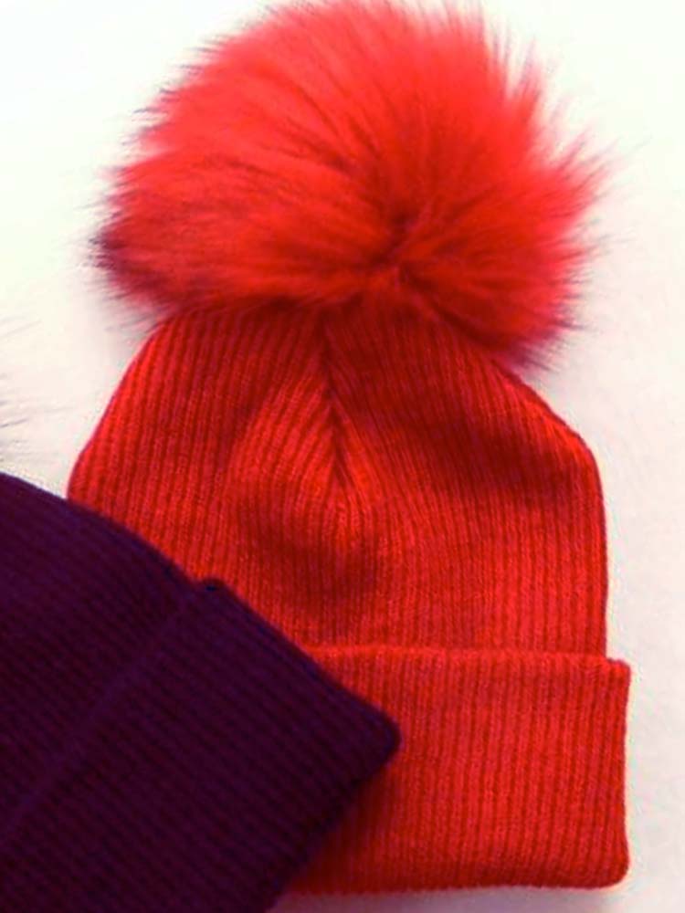 Ribbed Faux Fur Pom Pom Hat - Bright Red - 3-24 Months