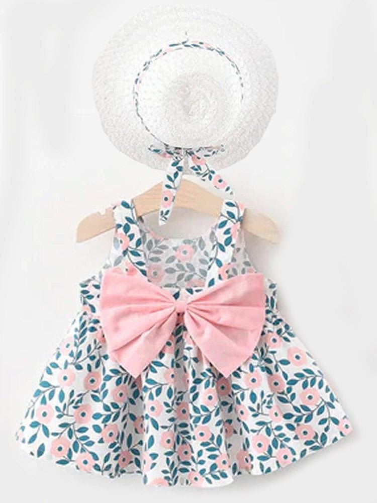 Girls Pink Daisy Print Dress with Summer Hat and Bow | Style My Kid
