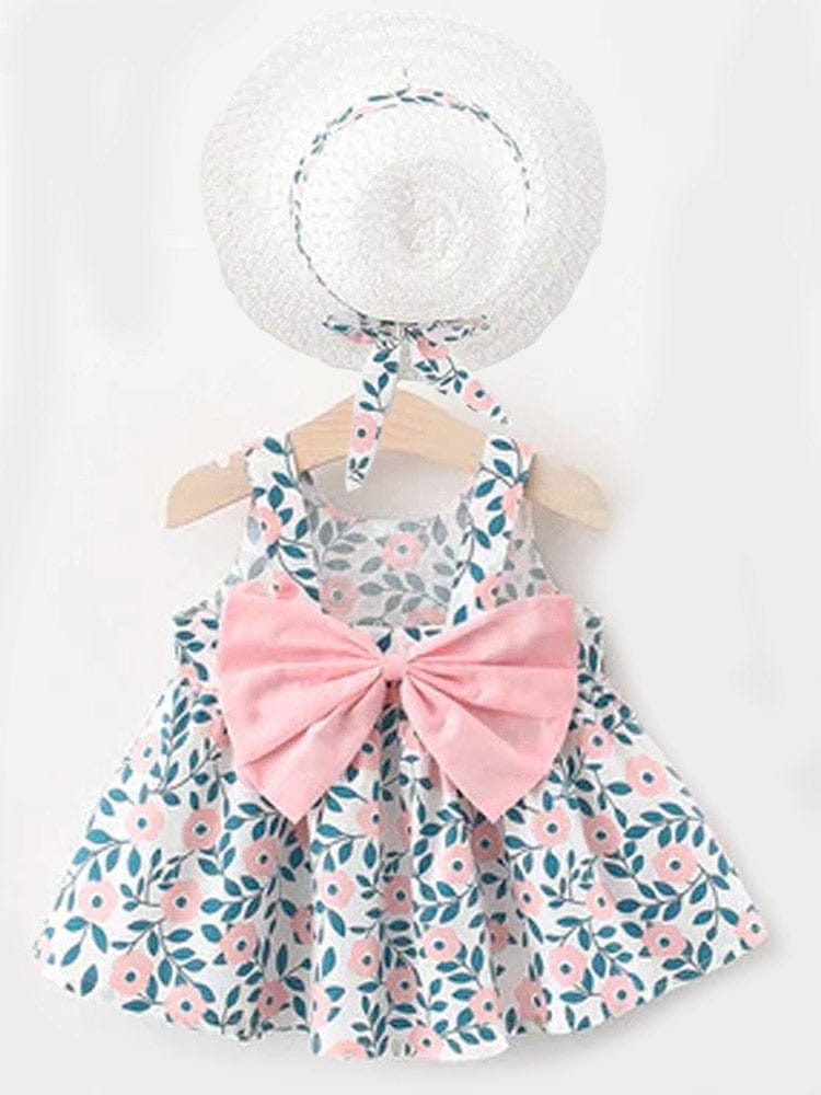 Girls Daisy Print Dress with Summer Hat and Bow 