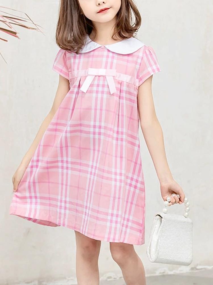 Girls Pink Check Plaid Peter Pan Collar Dress | Style My Kid