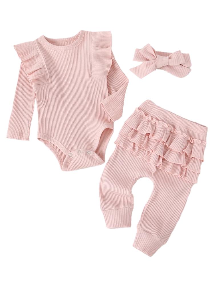 Pink Baby Girl 3 Piece Ruffle Romper Headband and Pants Outfit | Style My Kid