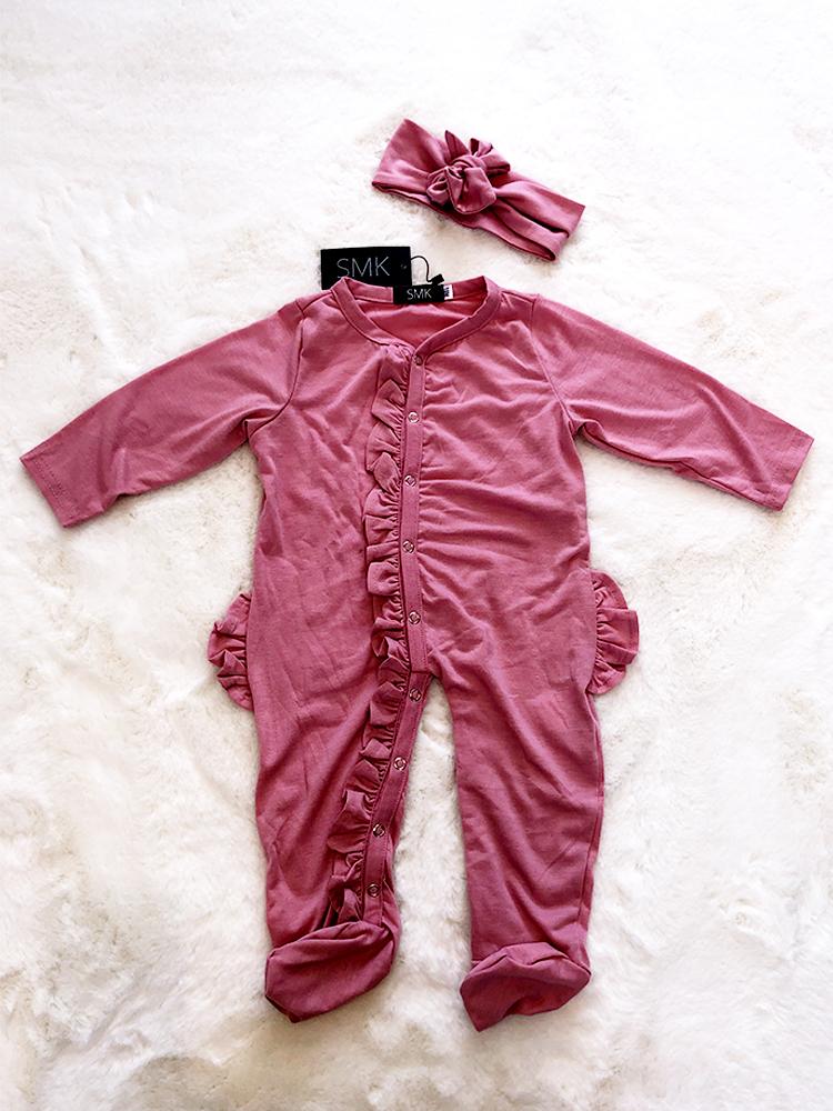 Rose Pink Baby Footed Sleepsuit with Front & Bottom Ruffles | Style My Kid