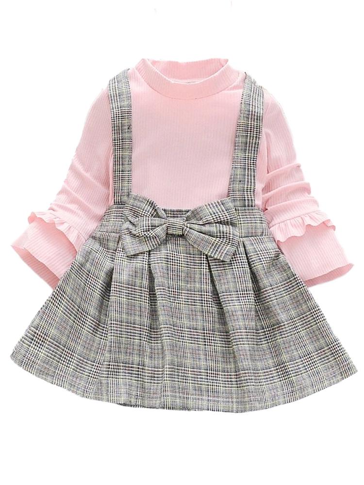 Girls Classic Plaid Color-Block Dress with Bow and Braces with Top 