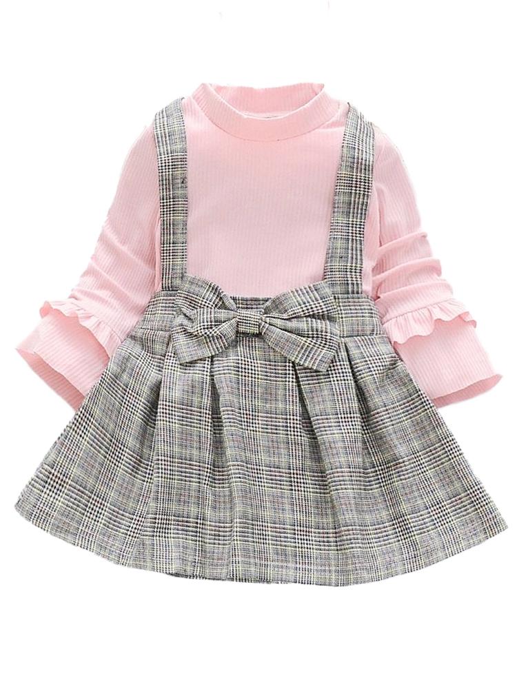 Girls Classic Plaid Color-Block Dress with Bow and Braces with Pink Top | Style My Kid