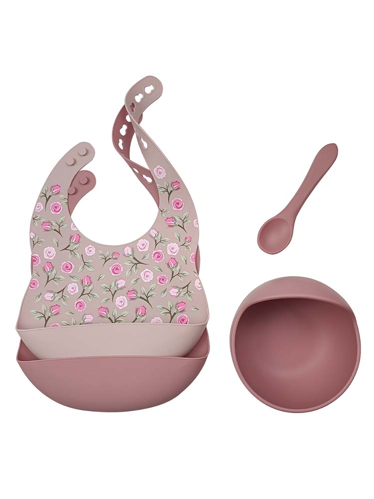 SILICONE BIBS BOWL AND SPOON BABY FEEDING SET - - Rose and Blush PInk | Style My Kid