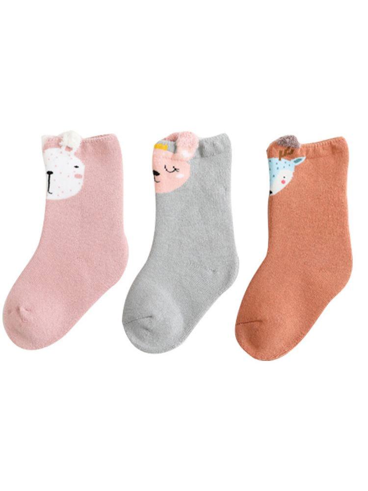 Kids Animal Ankle Socks 3 Pack - Bunny Fawn Cat - Tan 