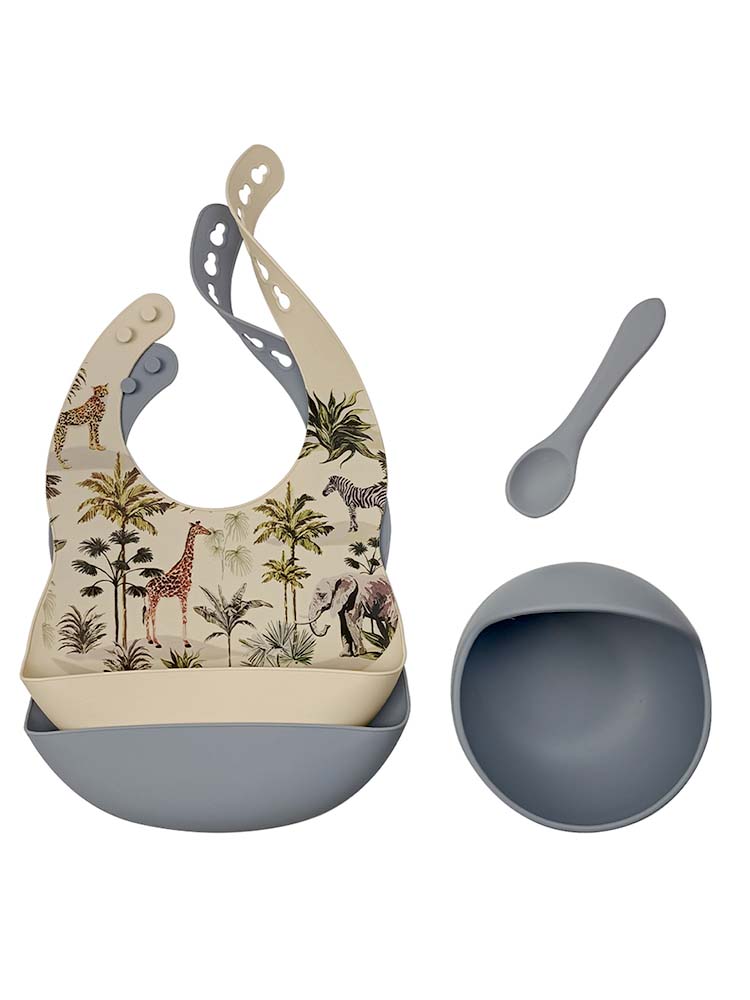 SILICONE BIBS BOWL AND SPOON BABY FEEDING SET - - Safari and Grey | Style My Kid