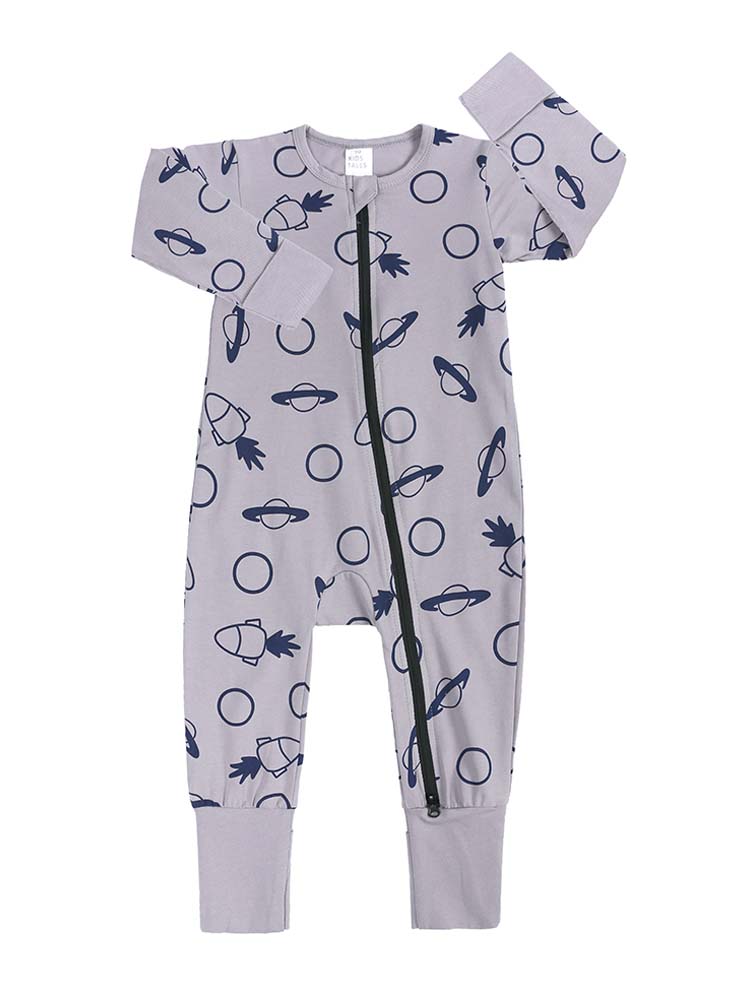 Solar System Grey Zip Baby Sleepsuit with Hand and Feet Cuffs | Style My Kid