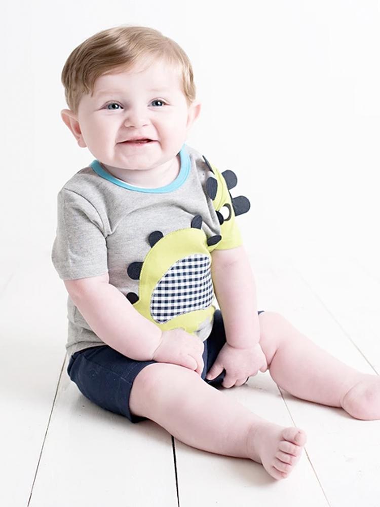 Spikey Dino Romper - Grey and Blue with Bright Dinosaur 3D Applique 6 to 12 months