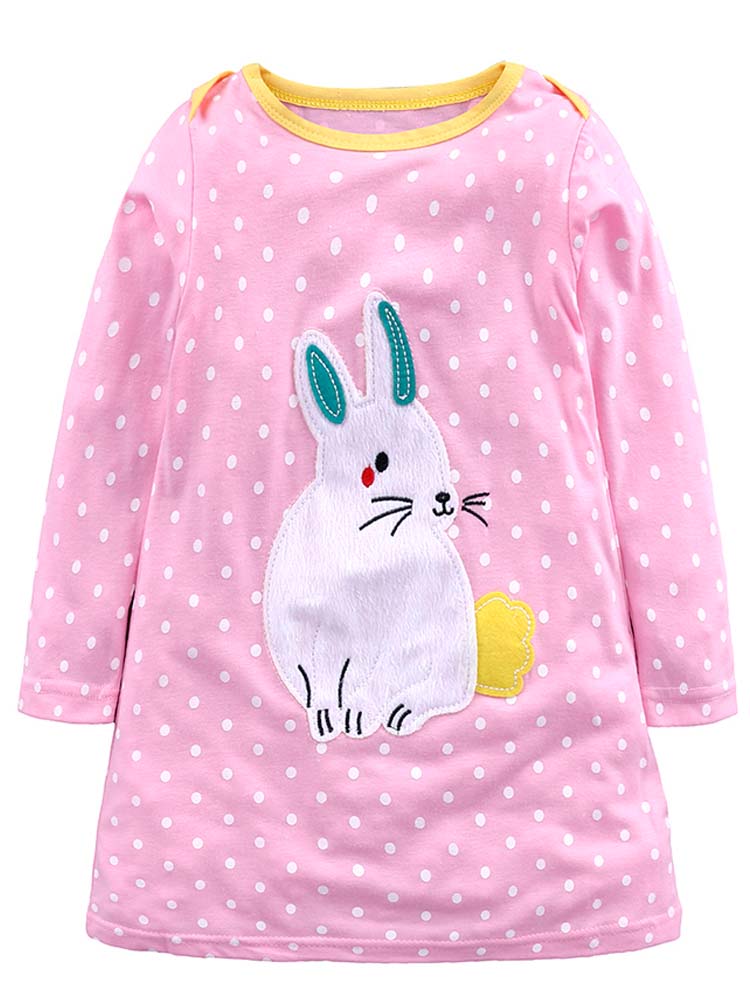 Pink Spotty Bunny Long Sleeved Girls Dress with Bunny Applique Details