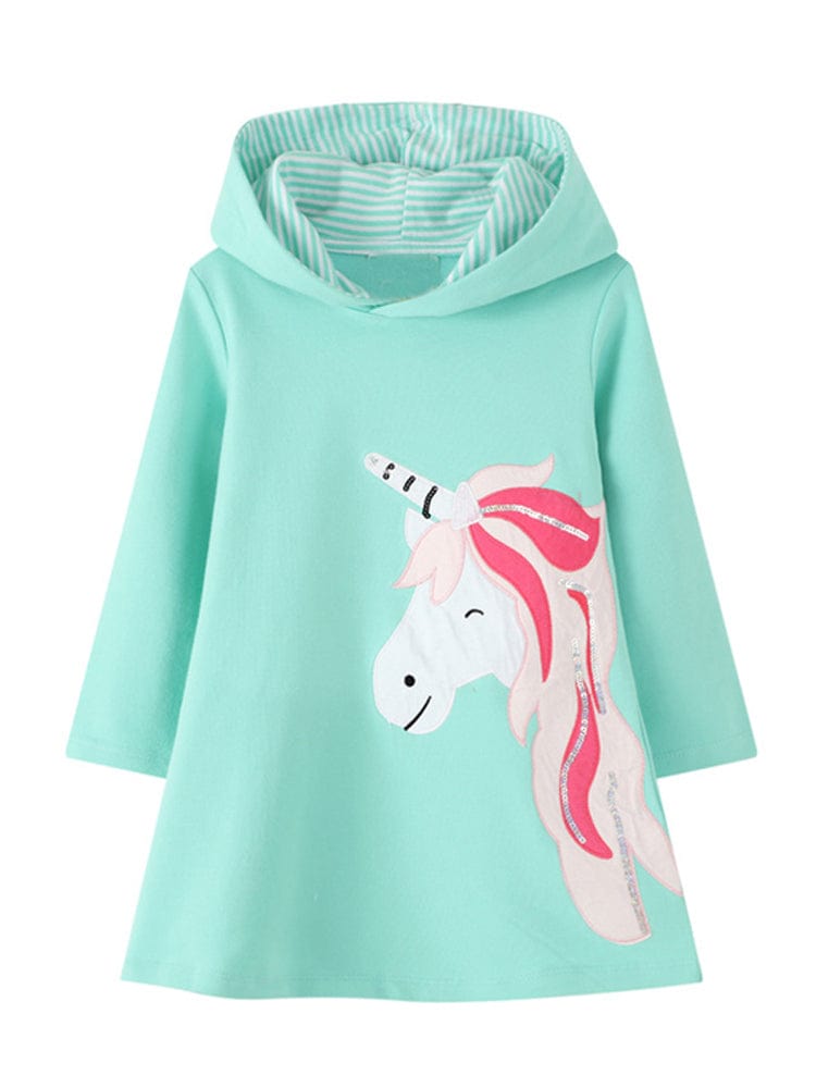 Girls Long Sleeve Hooded Turquoise Unicorn Dress | Style My Kid