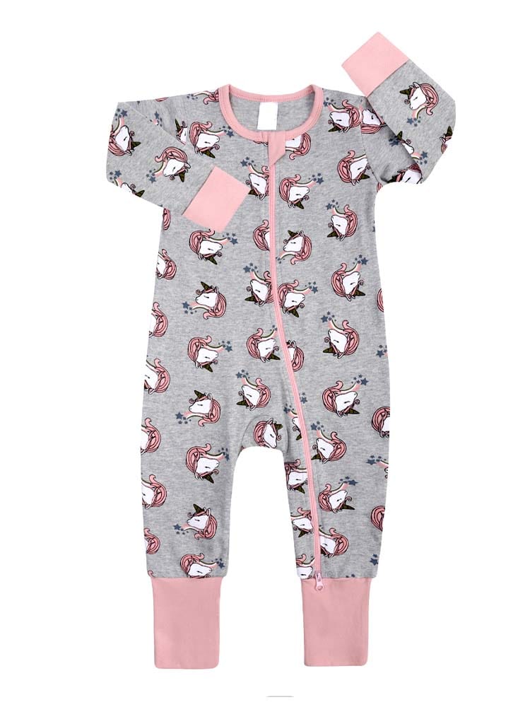 Little Miss Unicorn Pink and Grey Baby Zip Sleepsuit with Hand & Feet Cuffs | Style My Kid