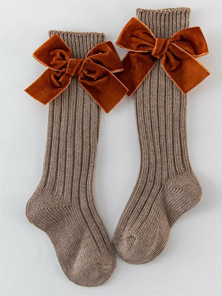 Velvet Bow Girls Long Socks Beige 6-8Y